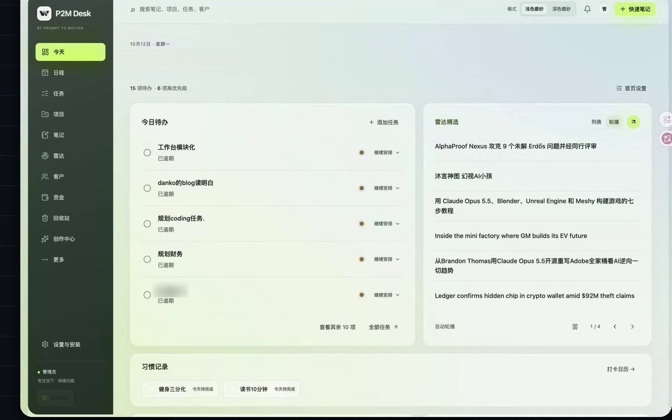 P2M 工作台“今日”页面，取自宣传片的产品画面